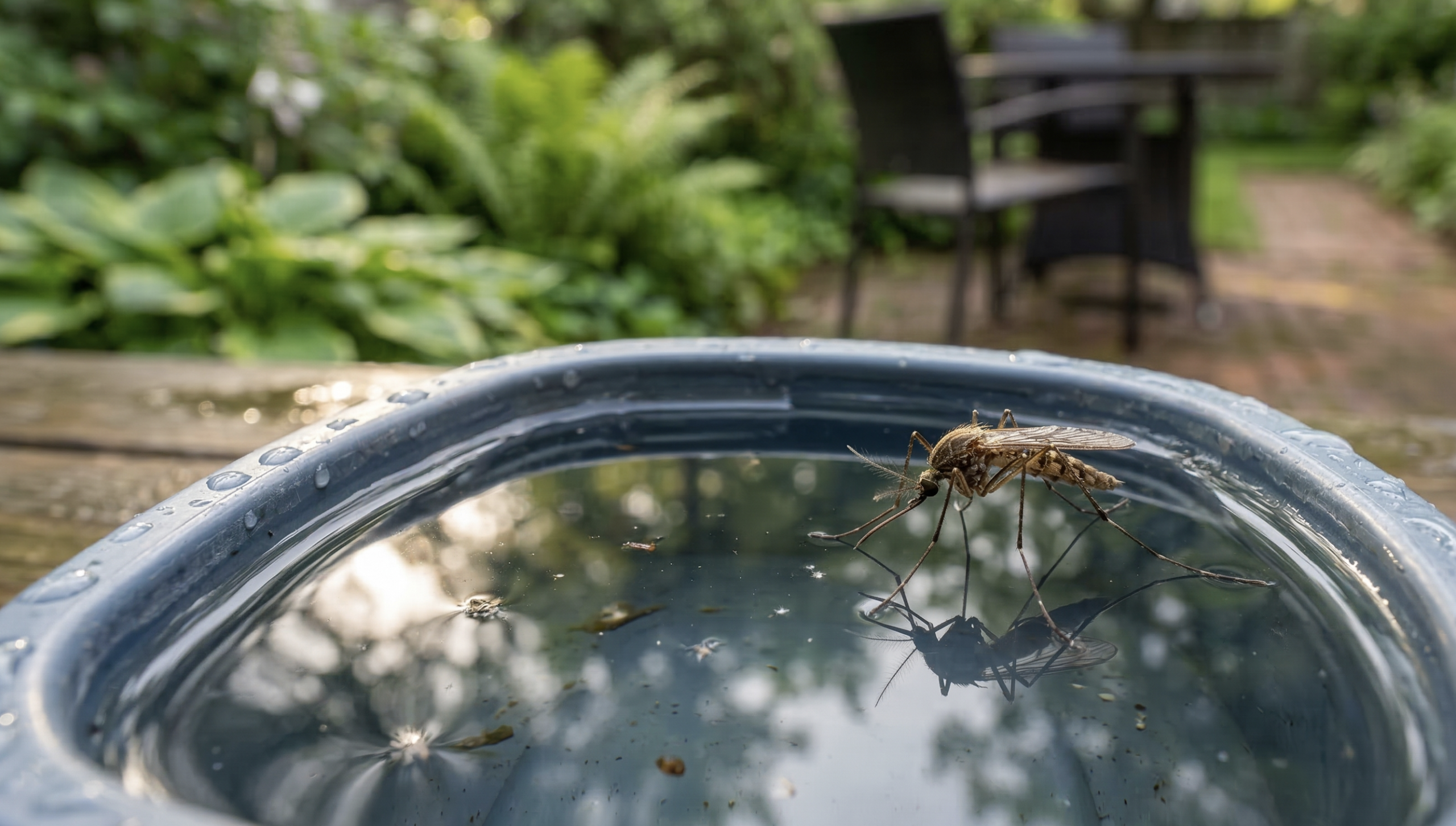 mosquito resting on standing water where mosquitoes breed